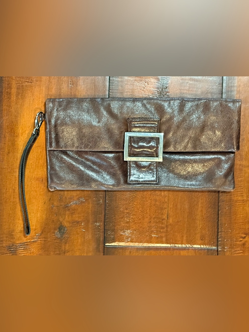 bebe Brown Leather Wristlet Clutch with Silver Buckle